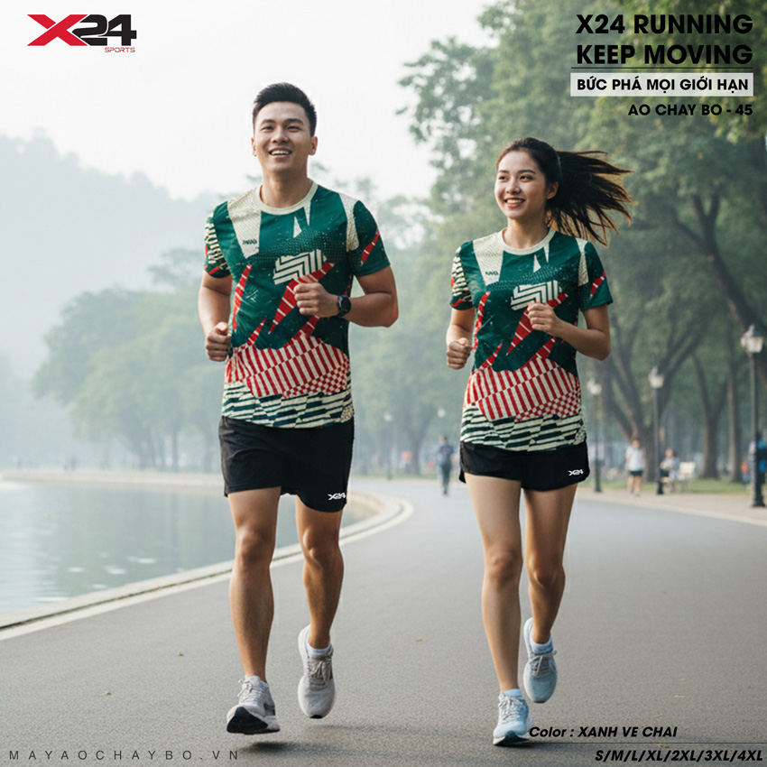 Áo chạy bộ X24 màu xanh ve chai phối đỏ kem đen