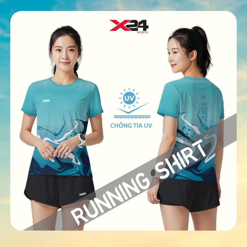 Áo chạy bộ X24 SPORTS xanh dương đậm kết hợp họa tiết splash nước ấn tượng